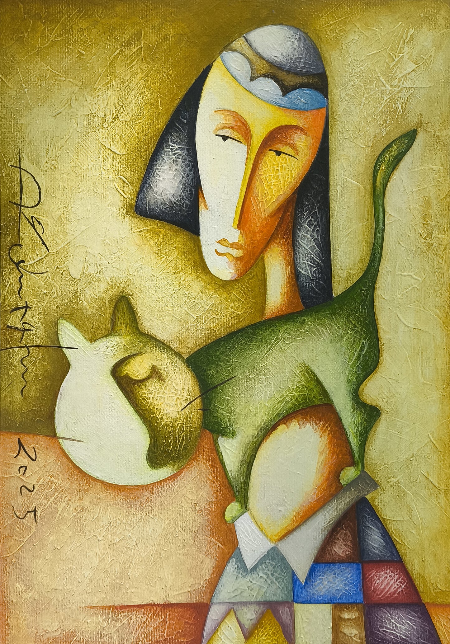 Golden Portrait with Cat - Sargis Zaqaryan